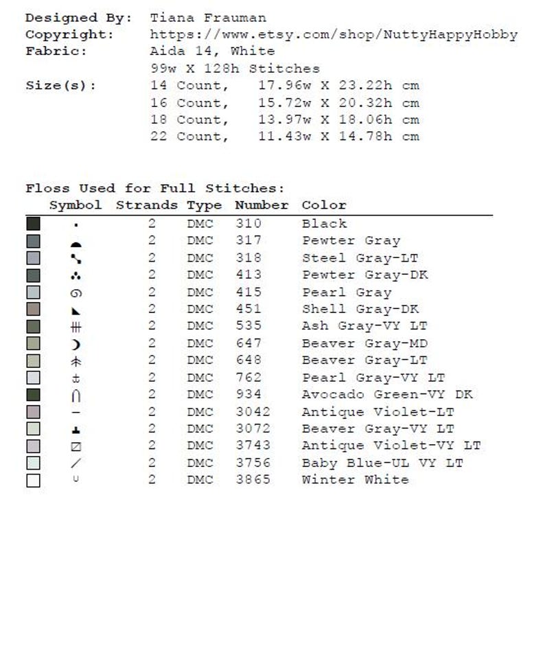 May include: A detailed chart for cross-stitch projects, featuring a list of DMC floss colors and symbols. The chart includes fabric and size details, with measurements in centimeters. The text includes the designer's name and Etsy shop URL.