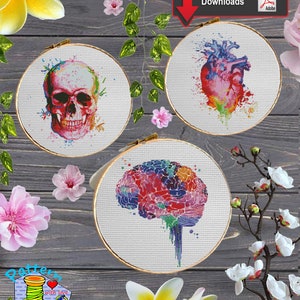 SET Heart Skull Brain art cross stitch pattern pdf Rainbow cross stitch Modern cross stitch Colorful cross Easy cross Anatomy cross stitch