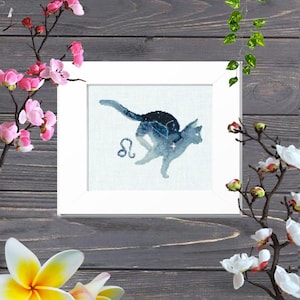 Zodiac Leo cross stitch patroon, dierenriem sterrenbeeld, sterrenbeeld, horoscoop borduurwerk, Kat patronen, Zwarte kat, Ster kat