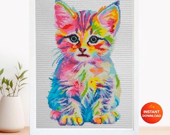 Colorful Kitten Cross Stitch Pattern PDF Rainbow Cat Embroidery Cute Animal Modern Wall Decor Instant Download Gift