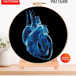 Blue X-Ray Heart Cross Stitch Pattern PDF, Anatomical Heart Embroidery Chart, Radiology Style Medical Art, Gothic Decor, Instant Download
