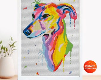 Greyhound Cross Stitch Pattern PDF, Colorful Greyhound Dog Embroidery Design, Modern Dog Portrait Needlework Chart, Dog Lover Gift, download