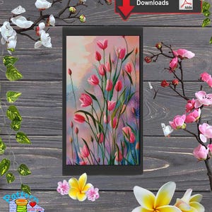 Stickerei Tulpe, Tulpe, modernes Kreuzstichmuster, Tulpen-Kreuzstichmuster, Pflanzen, Nacht, dunkler Hintergrund, Blume, botanisch