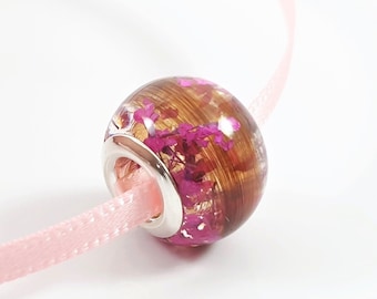 Hair Keepsake Bead, Pink Flowers, Memorial Charm