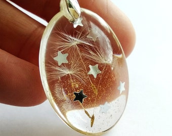 Sterling silver large dandelion seed necklace, Real flower jewellery, Oval resin pendant with 24k gold dust, Silver star necklace for her