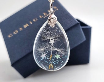 Sterling silver Dandelion necklace, Winter pendant, Unique necklace for women, Resin wish necklace, Star glitter pendant, Christmas gift