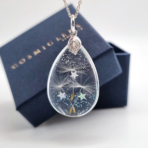 Sterlingzilveren paardebloemketting, winterhanger, unieke ketting voor vrouwen, harswensketting, sterglitterhanger, kerstcadeau