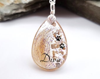 Teardrop Pet Hair and Ashes Necklace: Resin Memorial Locket with Paw Prints