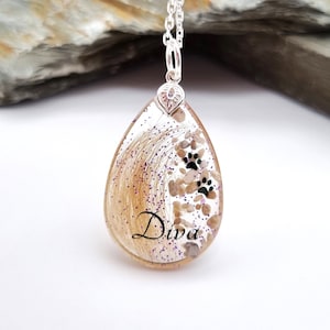 Beautiful teardrop ashes and fur necklace, Pear shaped memorial locket with paw prints, Personalised cremation urn pendant, Pet loss jewelry