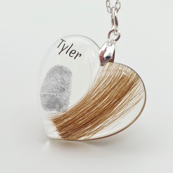 Hair and fingerprint necklace, Personalised memorial jewellery, Lock of hair keepsake, Actual fingerprint pendant Loss of Mum Dad Child Gift