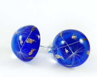 Royal blue earrings studs Dandelion earrings Resin earrings Real flower jewelry Nature jewelry Celtic blue earrings Dandelion Resin jewelry