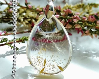 Dandelion Seed Necklace, Sterling Silver Pendant Necklace, Resin Jewellery, Make a Wish, Clear Teardrop necklace, Wish necklace for women