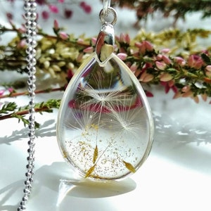 Dandelion Seed Necklace, Sterling Silver Pendant Necklace, Resin Jewellery, Make a Wish, Clear Teardrop necklace, Wish necklace for women image 1