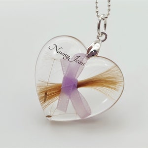 Personalised hair keepsake necklace. Lock of hair memorial jewellery, Heart hair locket with dandelion seeds, Loss of Mum Dad Grandma gift