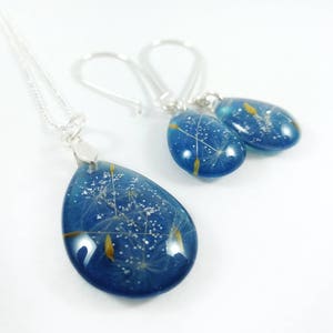 Navy blue jewelry set Teardrop necklace pendant Resin jewelry Dandelion necklace Dandelion earrings Gift for women Nature resin necklace