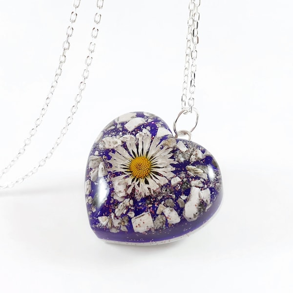 Herz-Asche-Anhänger, Haustier-Memorial-Harz-Schmuck, personalisierter Urne-Anhänger, echte Gänseblümchen-Blume