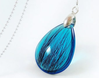 Blue Teardrop Pet Fur Keepsake Pendant, Horse Hair Jewelry, Pet Memorial Gift