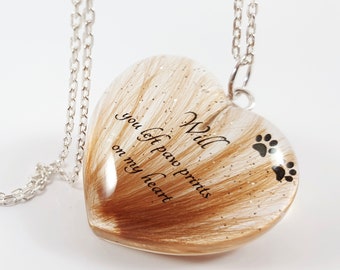 Pet hair keepsake necklace, You left paw prints on my heart, Memorial hair locket, Lock of hair Memorial gift Pet Cat Dog loss jewelry