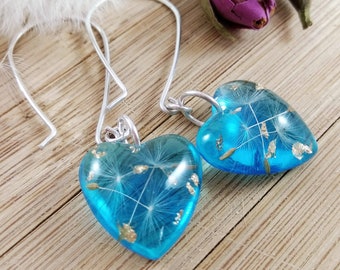 Sterling Silver Dandelion Earrings, Aquamarine Blue Heart Earrings for Girls, Resin Real Flower Jewellery, Bridesmaid Gift
