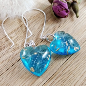 Pendientes de diente de León de plata de ley, pendientes del corazón azul de aguamarina para las niñas, joyería de flores reales de resina, regalo de dama de honor