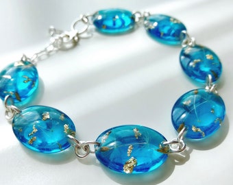 Blue dandelion seed bracelet, Best friend wish bracelet, Silver resin bracelet for women, Unique azure jewellery, Aquamarine 7 inch bracelet