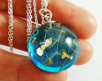 Sterling silver dandelion wish necklace, Blue aquamarine resin pendant, Dandelion jewellery for women, Half sphere dandelion seed necklace
