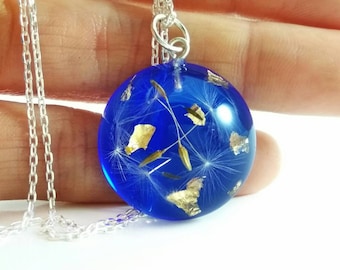 Royal blue necklace Dandelion necklace for women Gift Resin jewellery Resin necklace Terrarium jewelry Nature jewelry Botanical necklace
