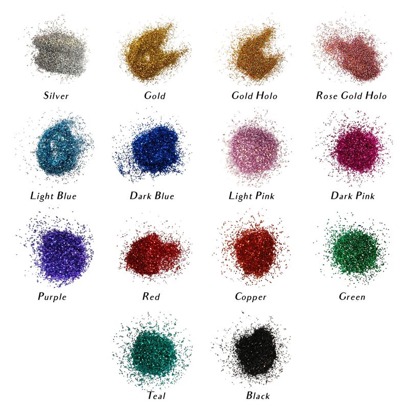 May include: A collection of glitter in various colors, including silver, gold, light blue, dark blue, purple, red, green, teal, and black. Each color is labeled with its name.