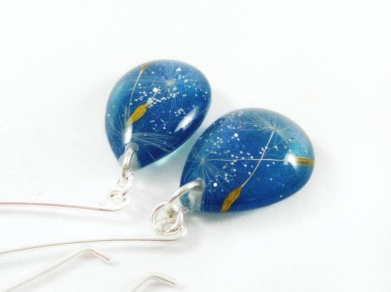 Navy blue jewelry set Teardrop necklace pendant Resin jewelry Dandelion necklace Dandelion earrings Gift for women Nature resin necklace image 6