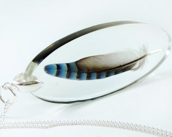 Large Jay's feather necklace, Sterling silver pendant necklace for women, Blue feather jewelry, Unique gift for her, Oval resin pendant