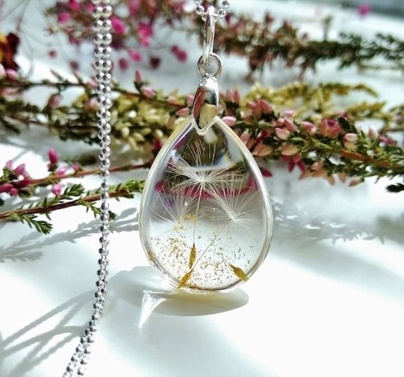 Dandelion Seed Teardrop Necklace, Sterling Silver, Resin Wish Jewellery