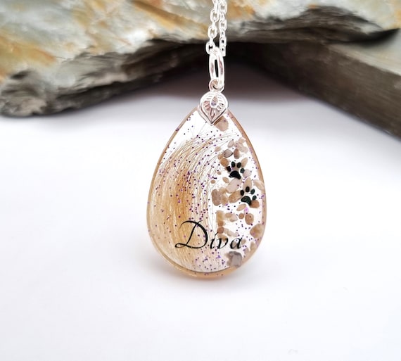 Teardrop Pet Hair and Ashes Necklace: Resin Memorial Locket with Paw Prints