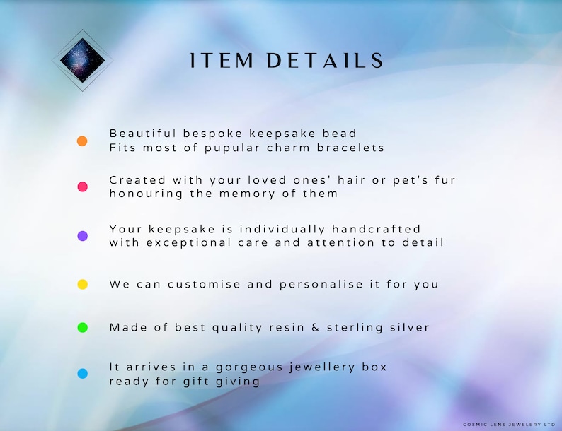 May include: A list of details about a personalized keepsake bead. The bead is made of resin and sterling silver and can be customized with hair or fur. It comes in a gift box.