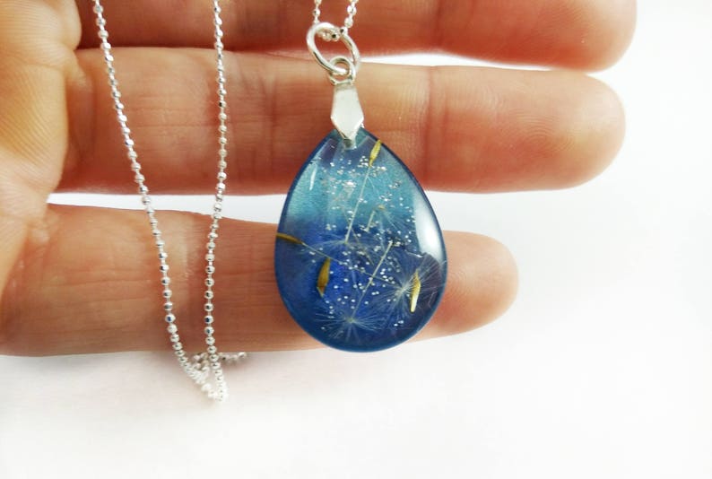 Navy blue jewelry set Teardrop necklace pendant Resin jewelry Dandelion necklace Dandelion earrings Gift for women Nature resin necklace image 3