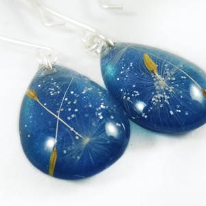 Navy blue jewelry set Teardrop necklace pendant Resin jewelry Dandelion necklace Dandelion earrings Gift for women Nature resin necklace image 4