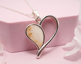 Sterling Silver Heart Necklace: Handmade Breastmilk Keepsake Pendant with Gold Flakes