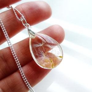 May include: A silver chain necklace with a teardrop-shaped pendant containing a preserved dandelion. The pendant is clear and shows the dandelion's white seeds and golden pollen.