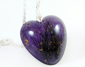 Custom Pet Fur Keepsake Necklace, Purple Resin Heart Pendant, Pet Memorial