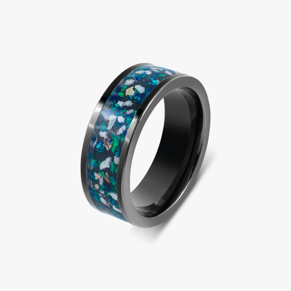 Black memorial ashes ring, Cremation ceramic inlay ring, Memorial jewellery for men, Men ashes ring, Cremains opal ring , Pet loss jewelry