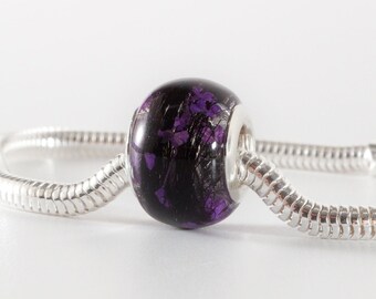 Memorial Hair Keepsake Bead: Purple Flower Charm, Sterling Silver Bracelet