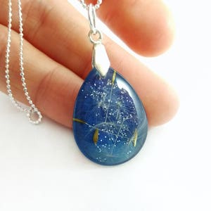 Navy blue jewelry set Teardrop necklace pendant Resin jewelry Dandelion necklace Dandelion earrings Gift for women Nature resin necklace image 2