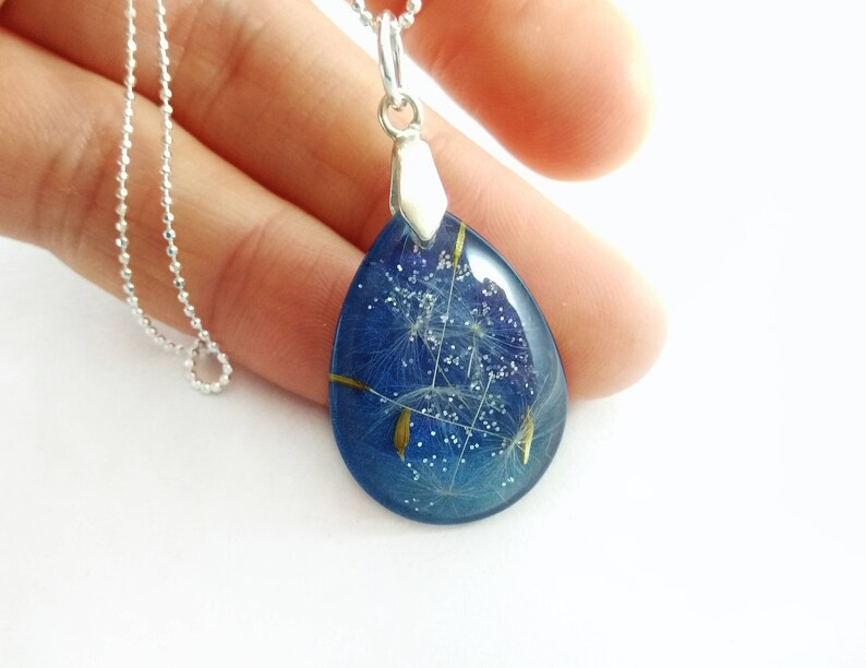 Navy blue jewelry set Teardrop necklace pendant Resin jewelry Dandelion necklace Dandelion earrings Gift for women Nature resin necklace image 2