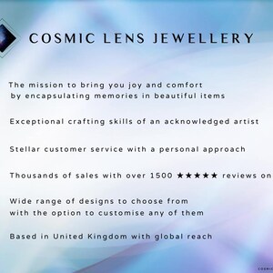 May include: A promotional graphic for Cosmic Lens Jewellery, featuring the brand name and a description of their services. The text highlights joy, comfort, exceptional crafting, stellar customer service, and customization options.