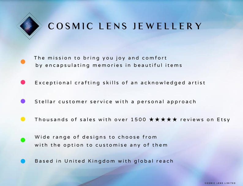 May include: A promotional graphic for Cosmic Lens Jewellery, featuring the brand name and a description of their services. The text highlights joy, comfort, exceptional crafting, stellar customer service, and customization options.