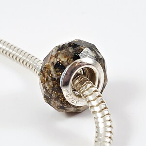 May include: A silver charm bracelet bead with a dark brown and gold speckled glass insert. The bead is faceted and has a round hole for threading onto a bracelet. The bead is marked with the number "S925" on the side.