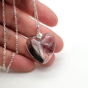 May include: Silver heart-shaped pendant necklace with a clear resin center. The pendant contains black and white hair and the name "Buckley" in cursive. The necklace is on a silver chain.