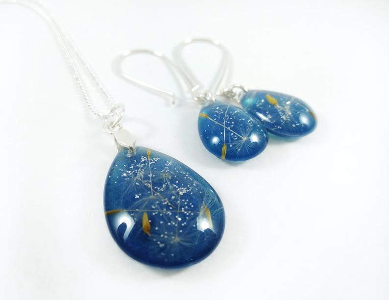 Navy blue jewelry set Teardrop necklace pendant Resin jewelry Dandelion necklace Dandelion earrings Gift for women Nature resin necklace image 1