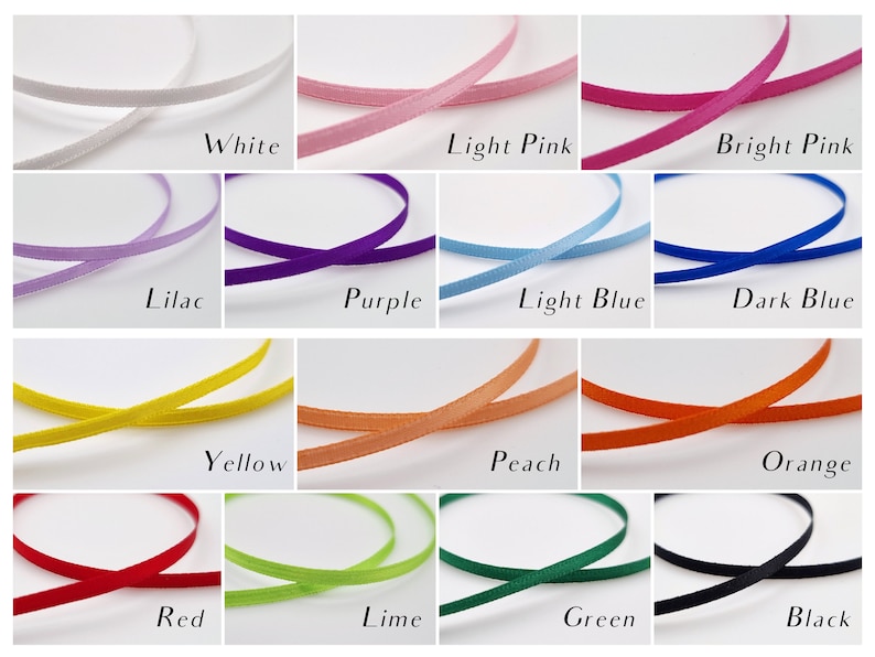 May include: A collection of colorful ribbons in various shades, including white, pink, blue, yellow, and green. Each ribbon is labeled with its color name: White, Light Pink, Bright Pink, Lilac, Purple, Light Blue, Dark Blue, Yellow, Peach, Orange, Red, Lime, Green, and Black.