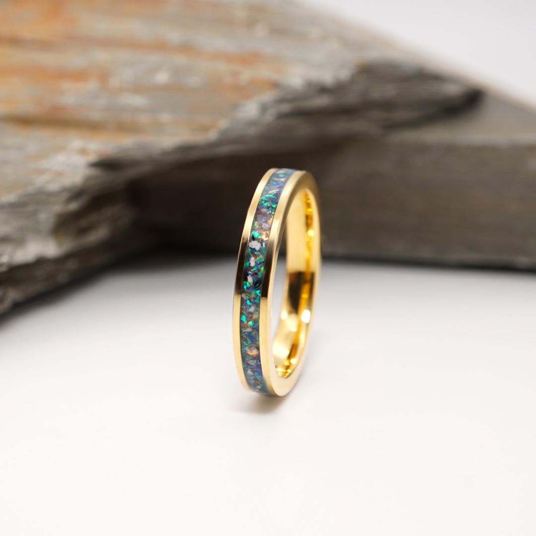 Ashes Memorial Ring: Gold Tungsten Carbide Band With Opal Inlay - Etsy