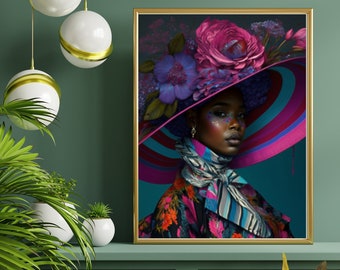 May include: A woman with dark skin wearing a large, colorful hat with flowers. The hat is pink, blue, and purple with a wide brim. The woman is wearing a colorful patterned dress and a scarf. The background is a dark blue.